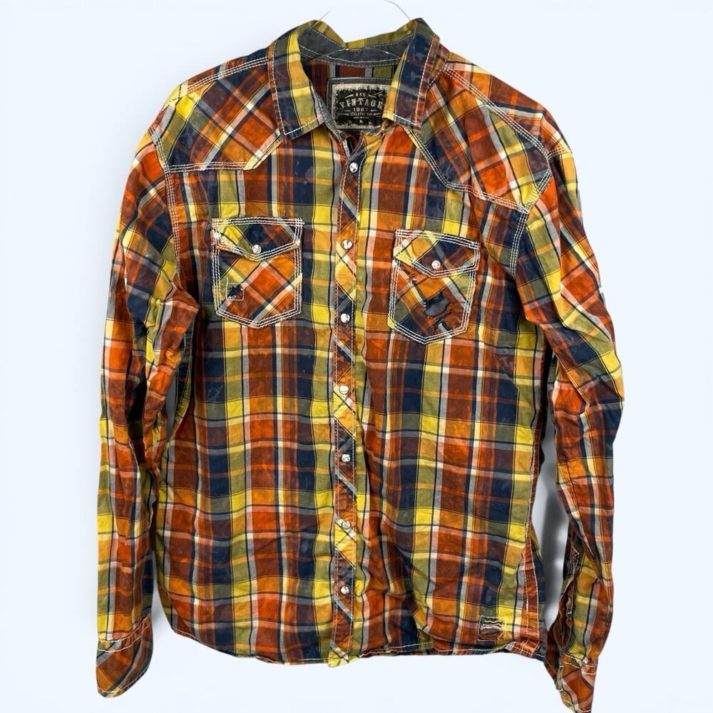 BKE Vintage Buckle Western Plaid Shirt Pearl Snap Long Sleeve Men's Size Large